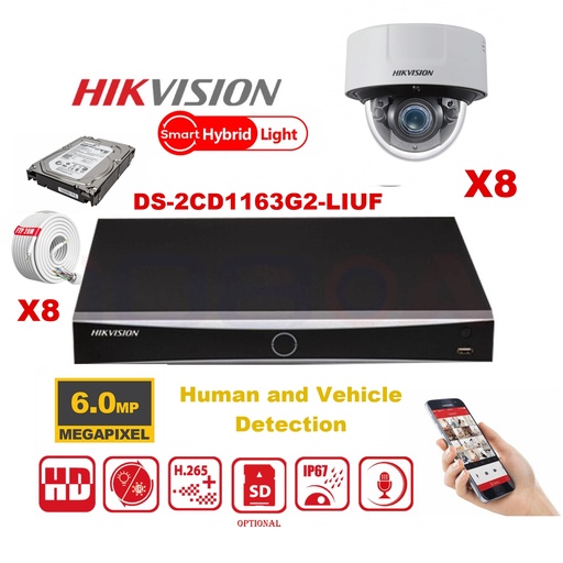 [IPMD-6M-8D] Kit caméra HIKVISION Smart Hybrid G2 Series 8x IP Camera Dome 6MP - NVR 8xChannel - Disque dur 4 To