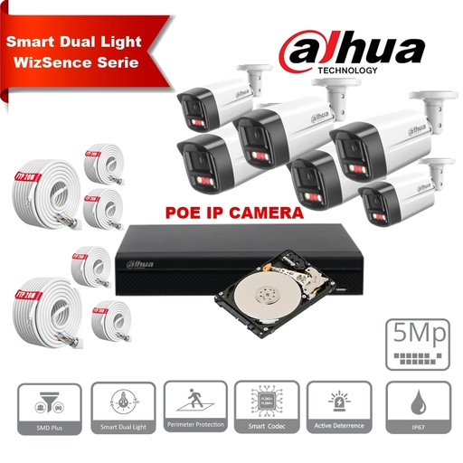 [IPDH-DLW6B-5M] DAHUA Smart Dual Light WizSense Active Deterrence Series 30m IP Camera Kit - 6x 5 Megapixel 2.8mm Camera Bullet + 8 Channels POE NVR + 4TB Max 8x Camera