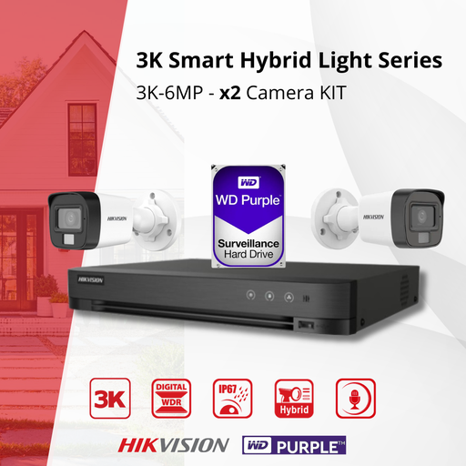 [TVIKIT3K-B2] HIKVISION Set 3K Double Éclairage - 2x Caméra Canon 3K (6MP) Double Éclairage Audio Intérieur/Extérieur - DVR 8 Canaux - Disque Dur 1 To