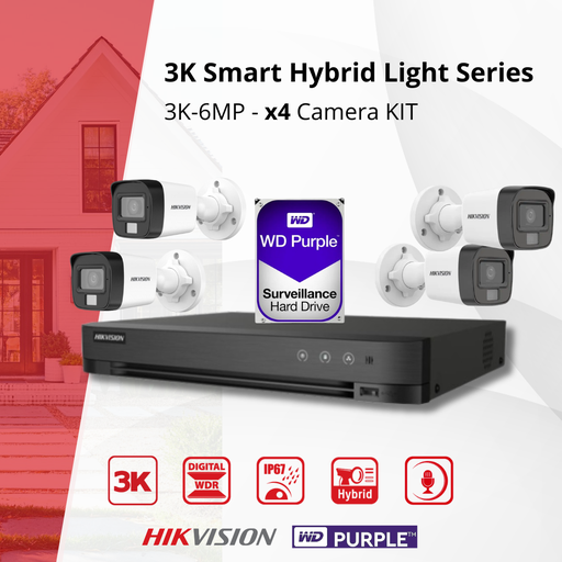 [TVIKIT3K-B4] HIKVISION Set 3K Dual Light  - 4x Bullet Camera  3K(6MP) Dual Light Audio  Indoor/Outdoor- DVR 8 Channel -  1TB HDD