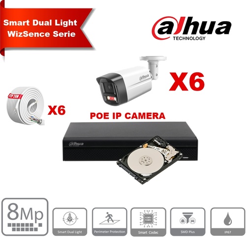 [IPDH-DLW6B-8M] DAHUA Smart Dual Light WizSense-serie IPC-HFW2849S-S-IL  30m IP-camerakit - 6x 8megapixel 2,8 mm camerabullet + 8 kanalen POE NVR + 4 TB max. 8x camera
