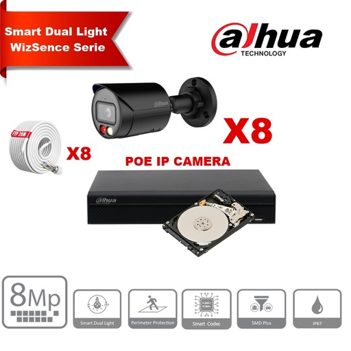 [IPDH-DLW8BB-8M] DAHUA Smart Dual Light WizSense Series 30m IP Camera Kit - 8x 8 Megapixel 2.8mm Camera Bullet  Black+ 8 Channels POE NVR + 4TB  