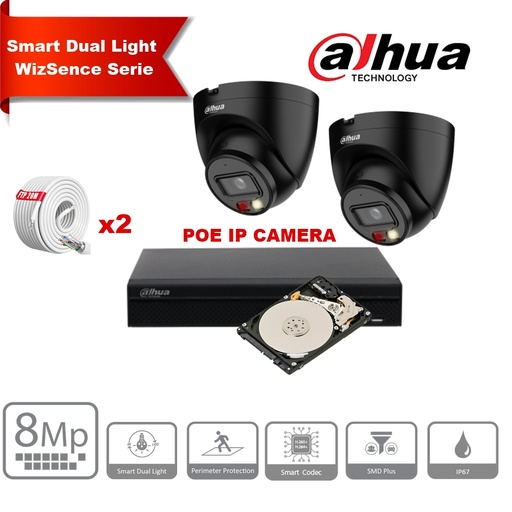 [IPDH-DLW2TB-8M] DAHUA Smart Dual Light WizSense Series 30m IP Camera Kit - 2x 8 Megapixel 2.8mm Camera Turret Black + 8 Channels POE NVR + 2TB Max 8x Camera 