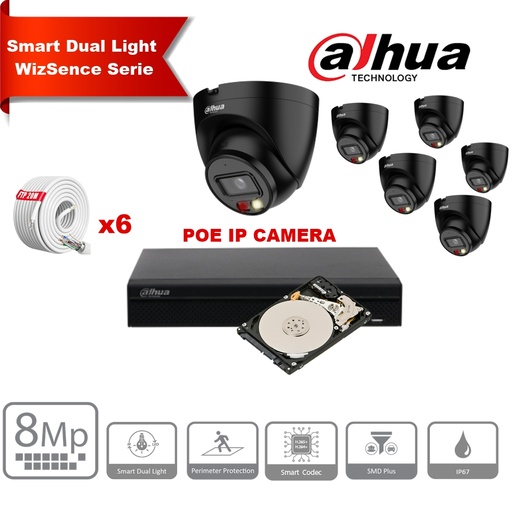 [IPDH-DLW6TB-8M] DAHUA Smart Dual Light WizSense Active Deterrence Series IPC-HDW2849T-S-IL 30m IP Camera Kit - 6x 8Megapixel 2.8mm Camera Bullet  Black+ 8 Channels POE NVR + 4TB Max 8x Camera 