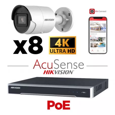 [IPACS-G2H-8B-WH] HIKVISION Camera Kit Acusense - Smart Hybrid Light met ColorVu Serie - 8x IP-camera Bullet 4k-8MP Actief stroboscooplicht en audio-alarm - NVR Acusense NXI Serie 8x kanaal met POE - Harde schijf 6 TB
