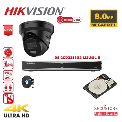 [IPKIT04-T4B] HIKVISION Acusense camerakit tot 4x- Slimme hybride verlichting - 4K-8MP Zwart IP-torencamera met actieve stroboscooplamp en audio-alarm - Dubbele microfoons - Acusense NXI-serie 4x-kanaals NVR met PoE voor maximaal 4 IP-camera's