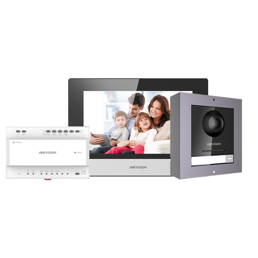 Kit d'interphone vidéo IP Hikvision DS-KIS702 2 fils, 1 bouton d'appel et écran tactile Wi-Fi 7 pouces